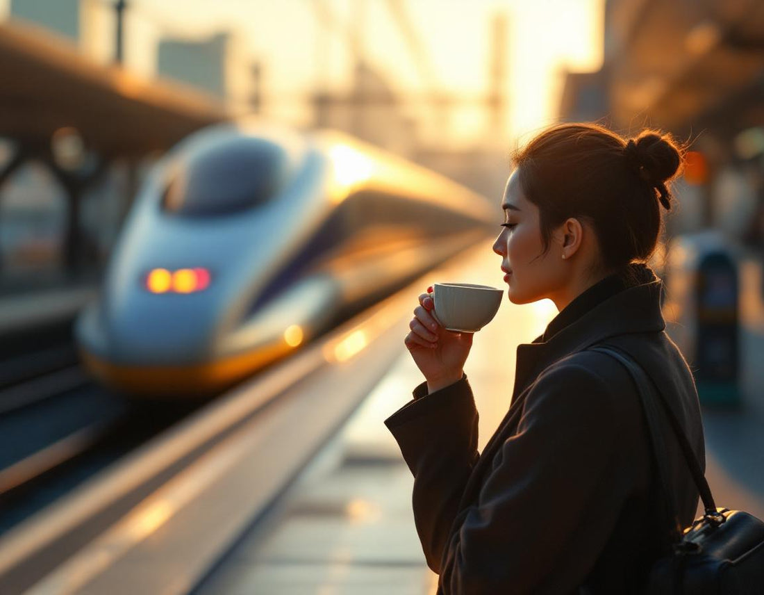 Voyageur boit un thé à l’aube, un shinkansen file sur le quai, symbolisant style et shinkansen prix