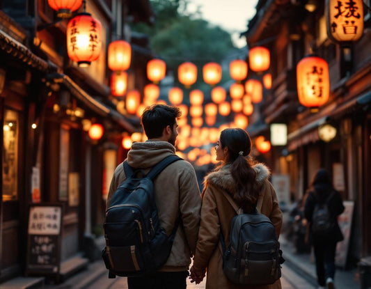 Agent de voyage guidant un couple sous lanternes de Kyoto, ambiance traditionnelle, voyagiste japon