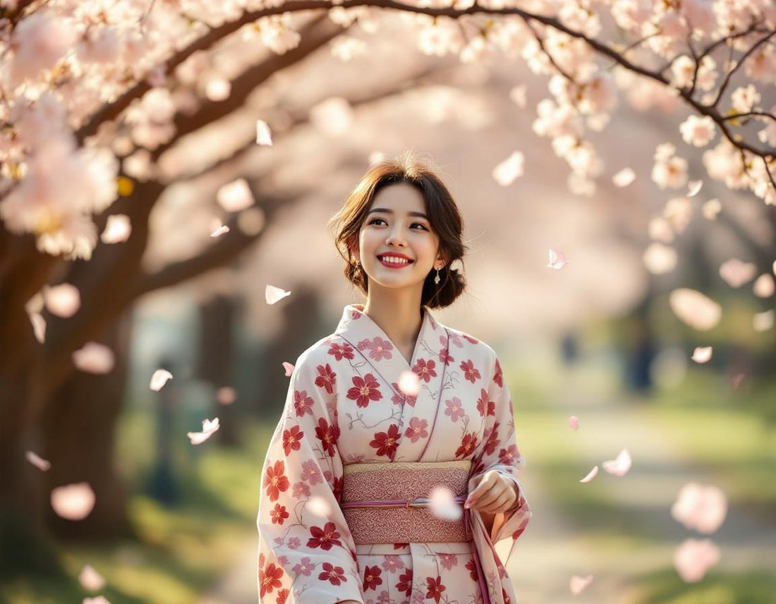 Femme en kimono marche sous les fleurs de cerisier japonais, pétales tombant dans un parc zen.