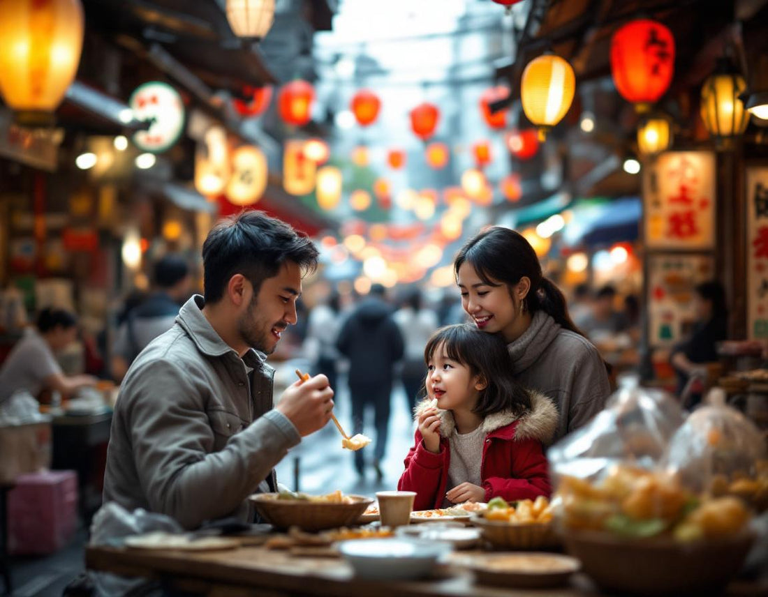 Famille dégustant spécialités dans un marché de Tokyo, moments joyeux d’un voyage japon famille.