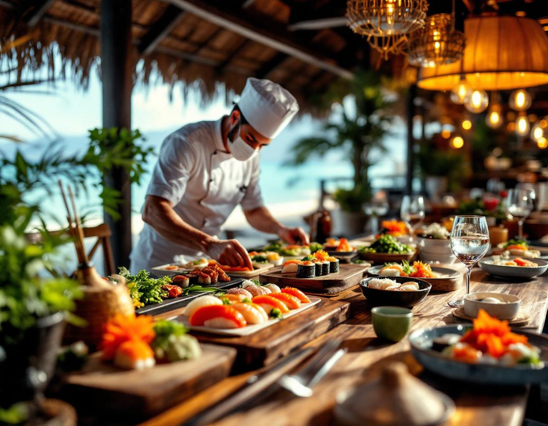 Chef décorant des sushis frais face à la baie dans un décor subtile okinawa restaurant japonais.
