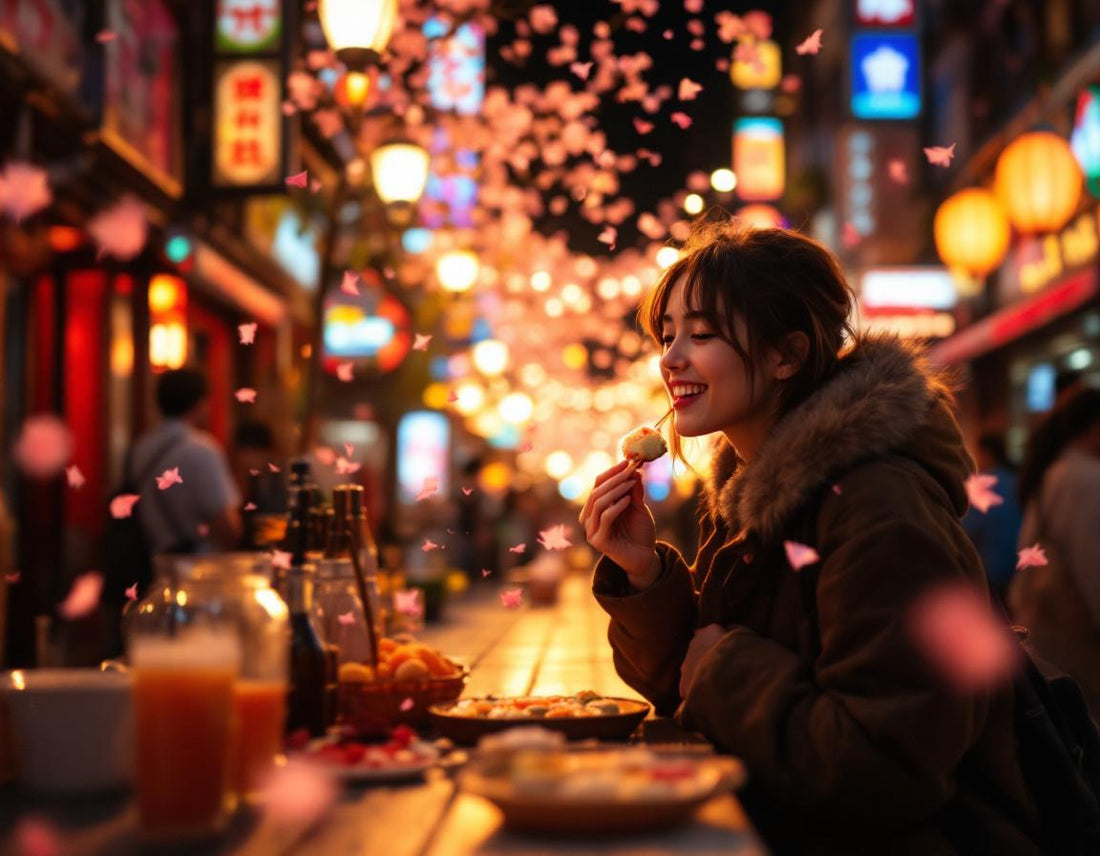 Voyageur dégustant sushi sous lanternes néon, pétales en vol, ambiance tokyo que visiter
