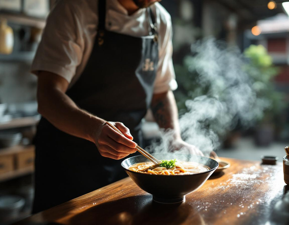 Un chef dépose un bol fumant d’isshin ramen spécialités de ramen de kyushu sur une table en bois.