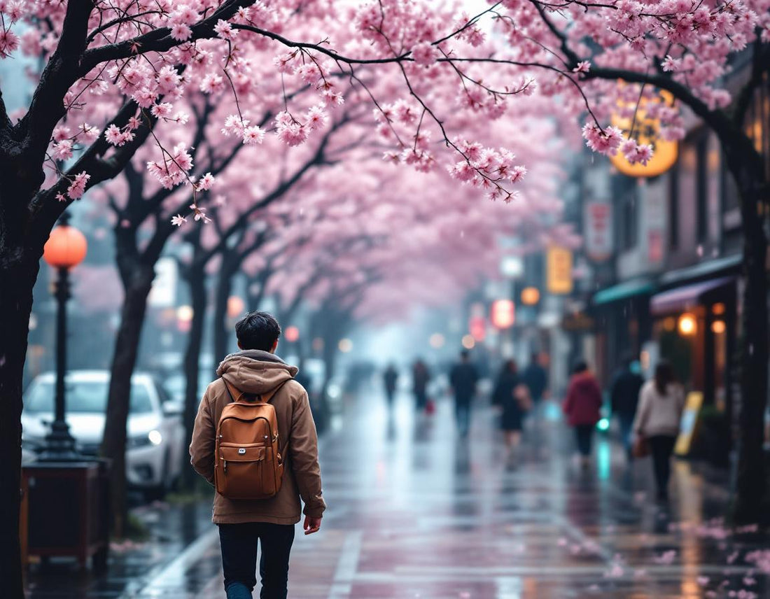 Jeune voyageur sous pluie douce et cerisiers à Hiroshima, évocation poétique de la météo hiroshima