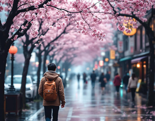 Jeune voyageur sous pluie douce et cerisiers à Hiroshima, évocation poétique de la météo hiroshima