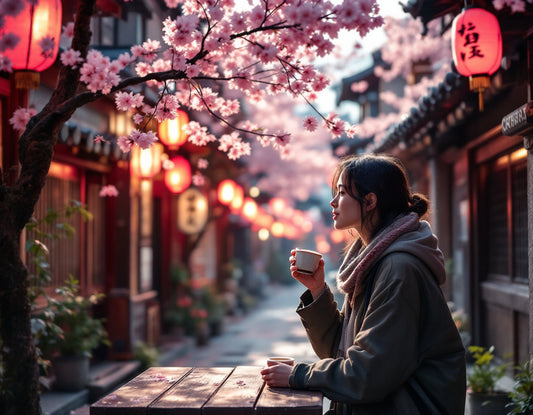 Femme dégustant un matcha dans une ruelle de Kyoto sous cerisiers en fleurs, leclerc voyage japon