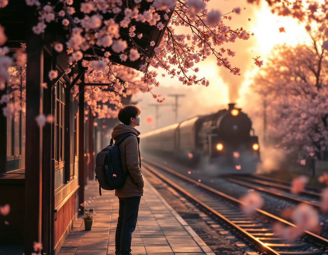 Voyageur sur quai japonais, au lever du jour brume légère et vapeur de train, bon voyage en japonais
