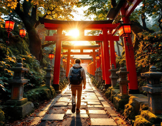 Un voyageur sous les torii rouges de Kyoto au lever du soleil, symbolisant l'assurance voyage japon.